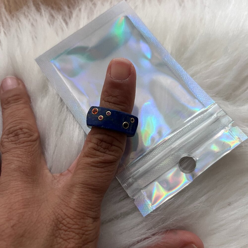 Carved Lapis Ring with 14K bezel set Gemstones